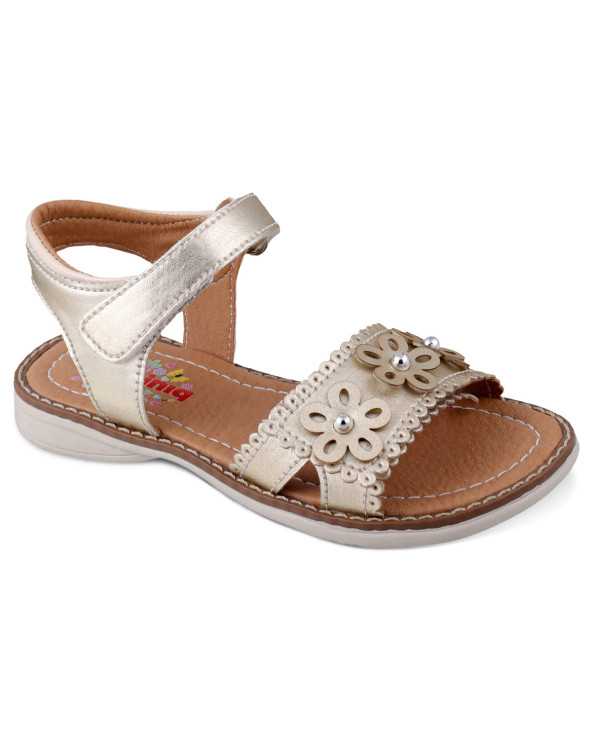 Sandalia Huarache Niña Dominiq 7083 Dorado Flores y velcro