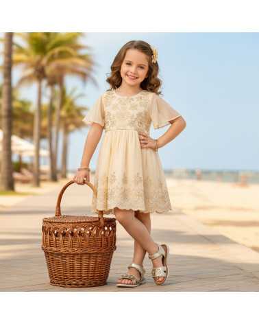 Sandalia Huarache Niña Dominiq 7083 Dorado Flores y velcro