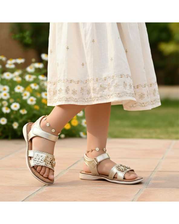 Sandalia Huarache Niña Dominiq 7083 Dorado Flores y velcro