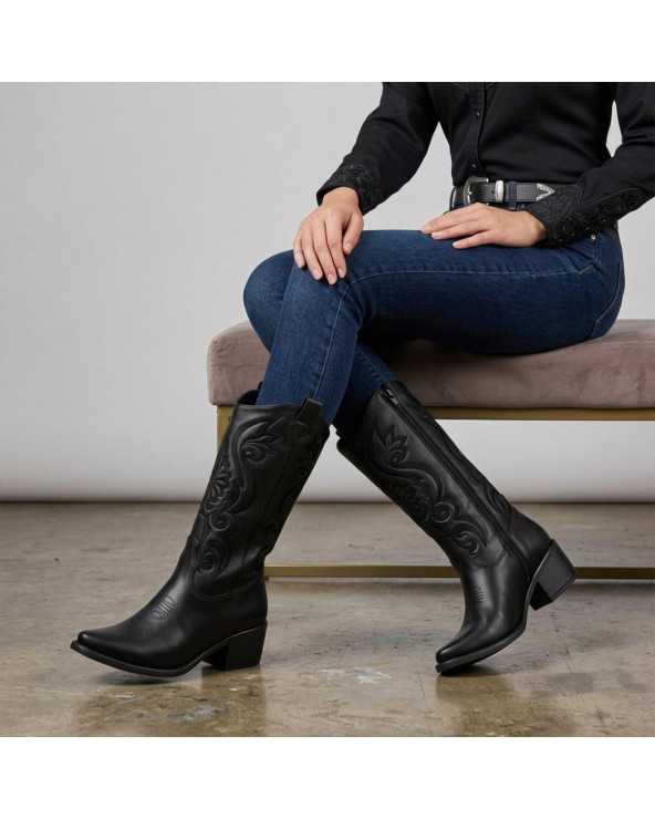 Bota Vaquera Mujer Dominiq 1165 Bordado Cierre Y Tacón Cómodo