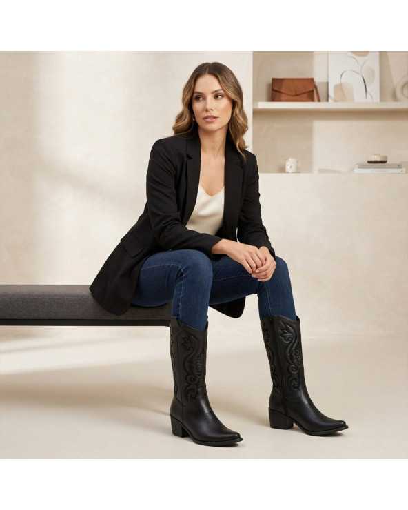 Bota Vaquera Mujer Dominiq 1165 Bordado Cierre Y Tacón Cómodo